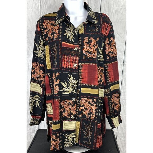 Periphery Womens Size 10 Long Sleeve Button Down Shirt Black Tan Red Floral - Picture 9 of 12